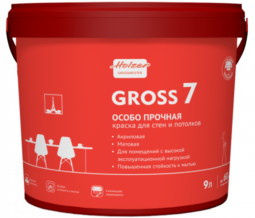 Holzer Gross 7 особо прочная матовая моющаяся краска для стен и потолков 