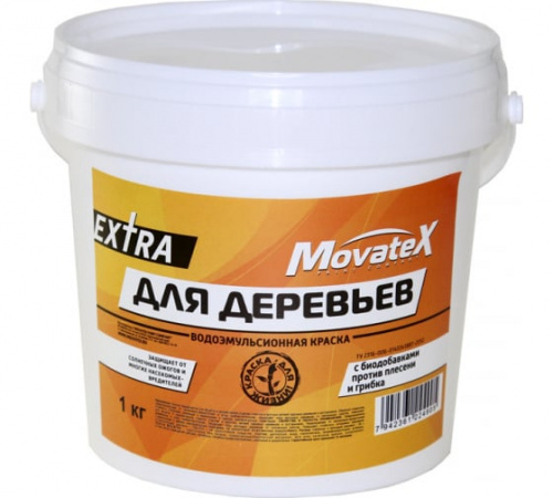 Movatex EXTRA краска в/д для деревьев с биодобавками от плесени и грибка; защищает от ожогов